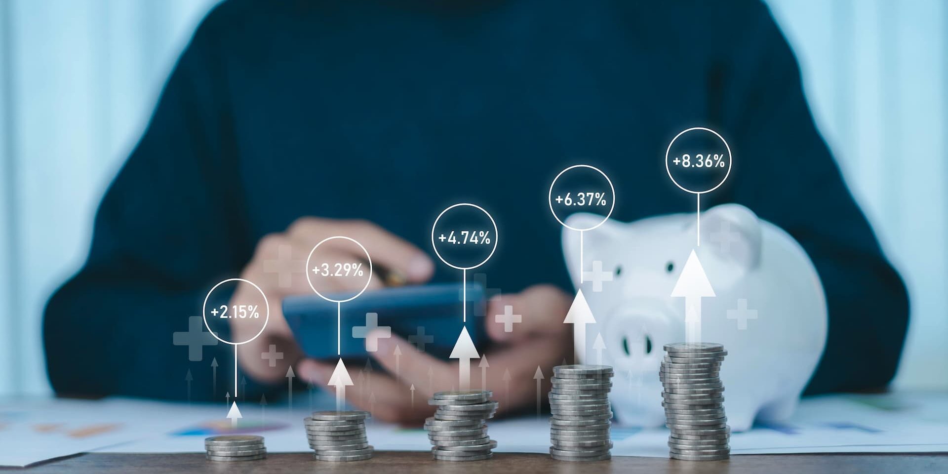 Person placing coin piles ranging from low to high from left to right with animated percentages, showcasing how to set up a smsf