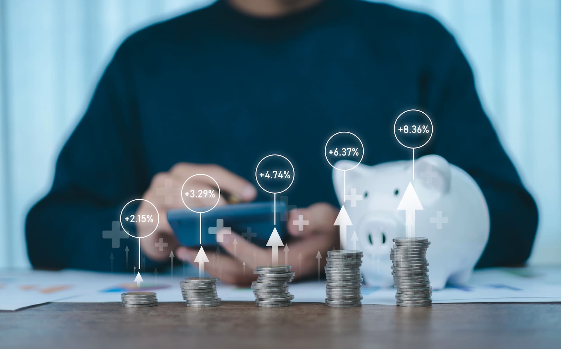 Person placing coin piles ranging from low to high from left to right with animated percentages, showcasing how to set up a smsf