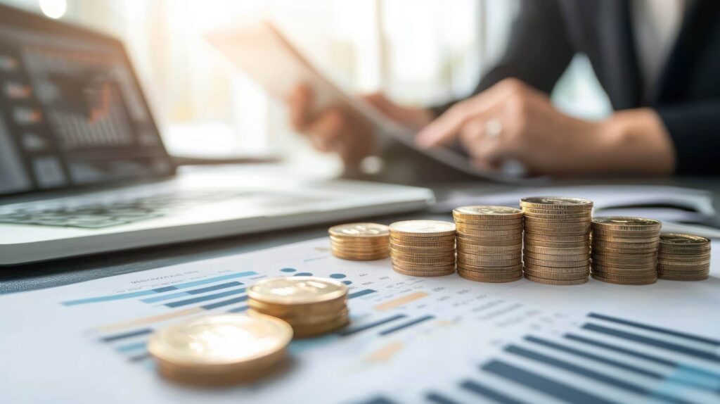 Desk with laptop covered with charts and coins with accountant ensuring SMSF is compliant