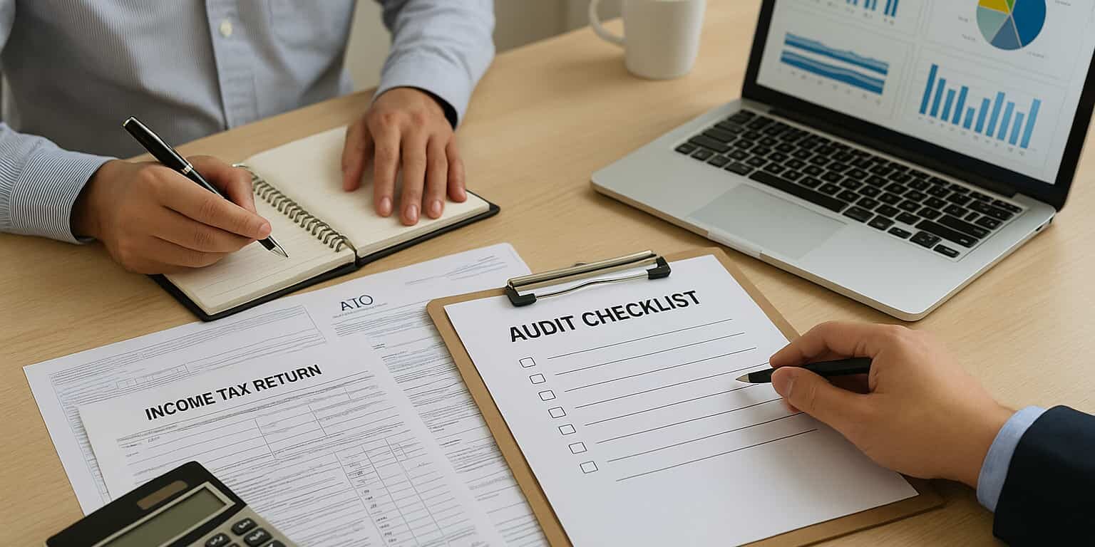 Financial documents, tax forms, and a laptop with spreadsheets on a desk, representing ATO audit preparation for businesses.