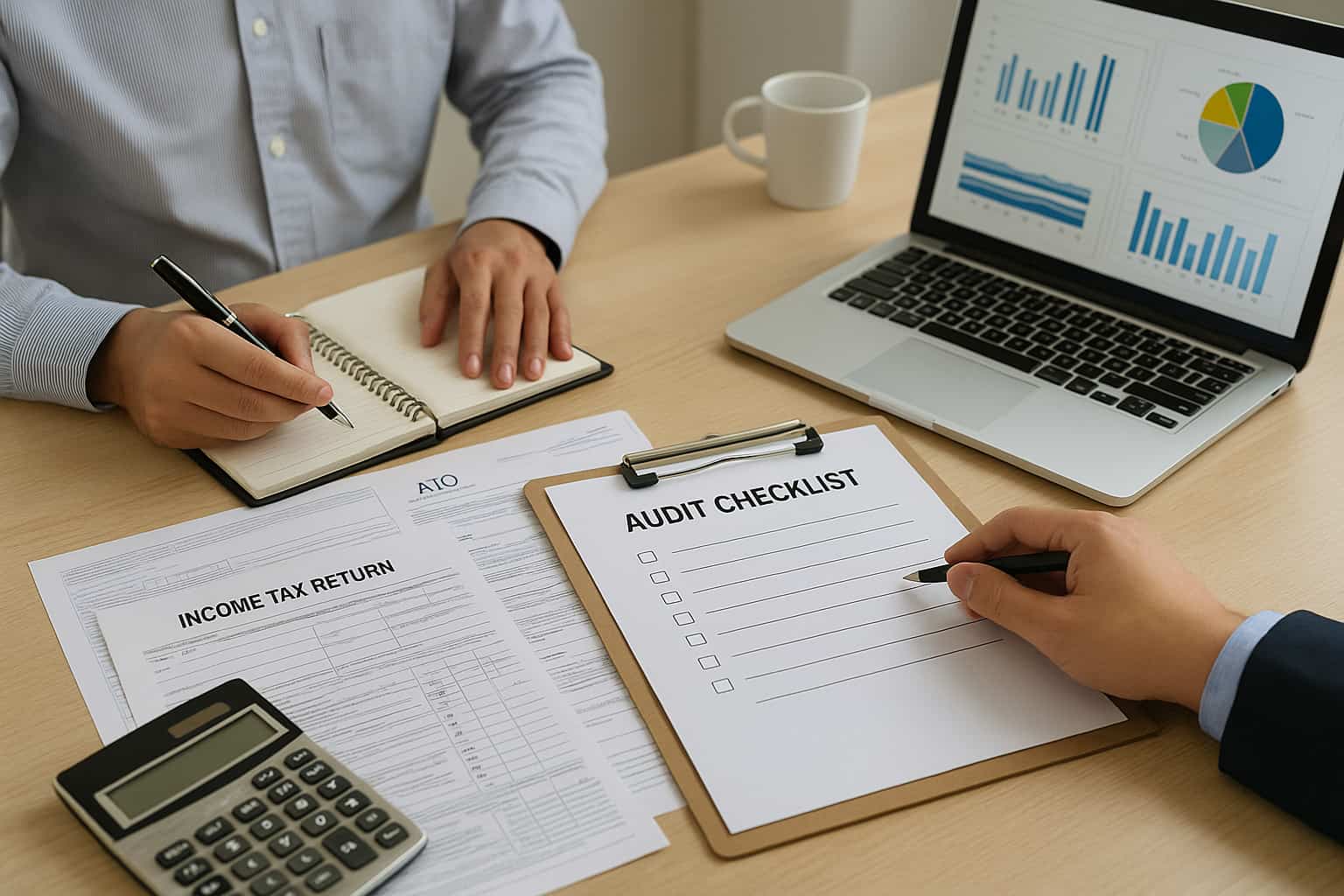 Financial documents, tax forms, and a laptop with spreadsheets on a desk, representing ATO audit preparation for businesses.