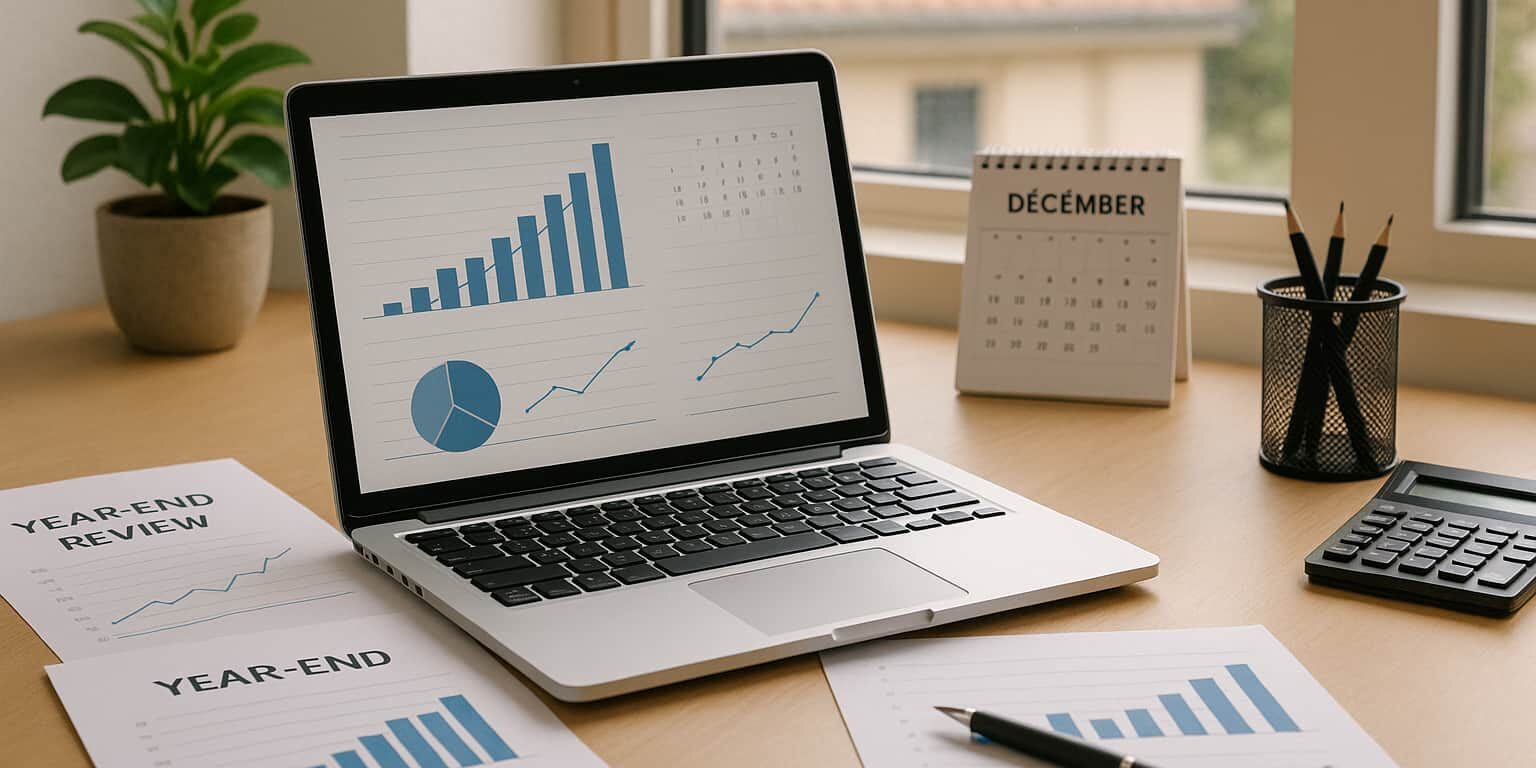 Laptop in modern home office conducting end of year business review