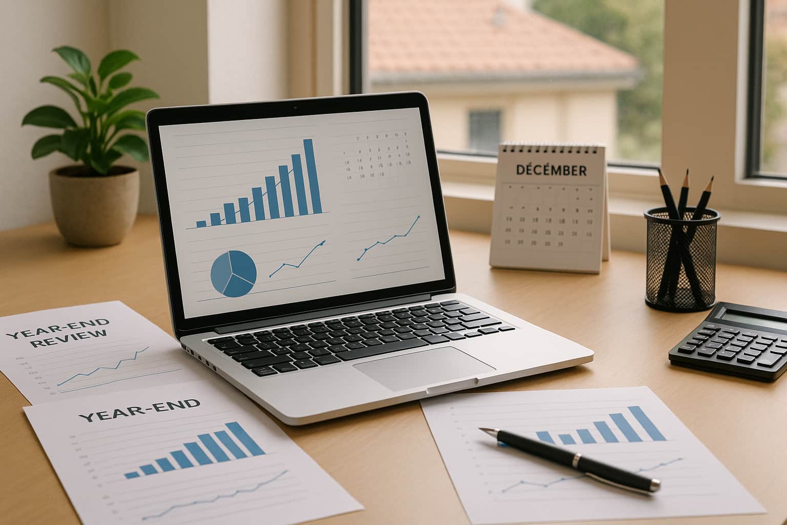 Laptop in modern home office conducting end of year business review