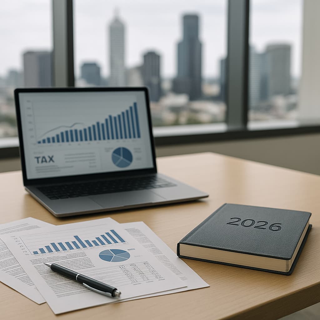 A modern Perth office desk with a laptop displaying financial charts, printed documents, a pen and a 2026 planner, set against a blurred Perth city skyline.