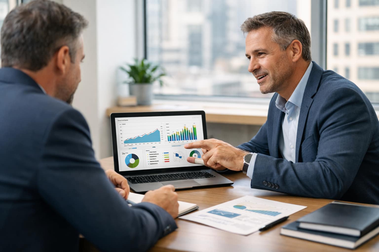 Virtual CFO services consultant reviewing financial reports, revenue charts and business performance data with a client