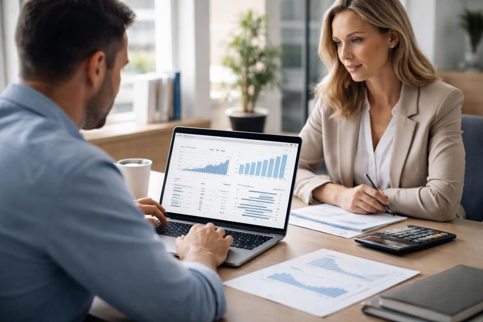 Business advisor explaining to business owner what is financial modelling`