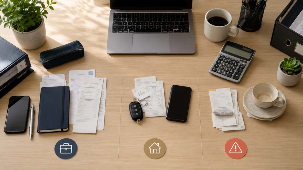Business tax deduction records organised into claimable, partly claimable and non-claimable expense categories.