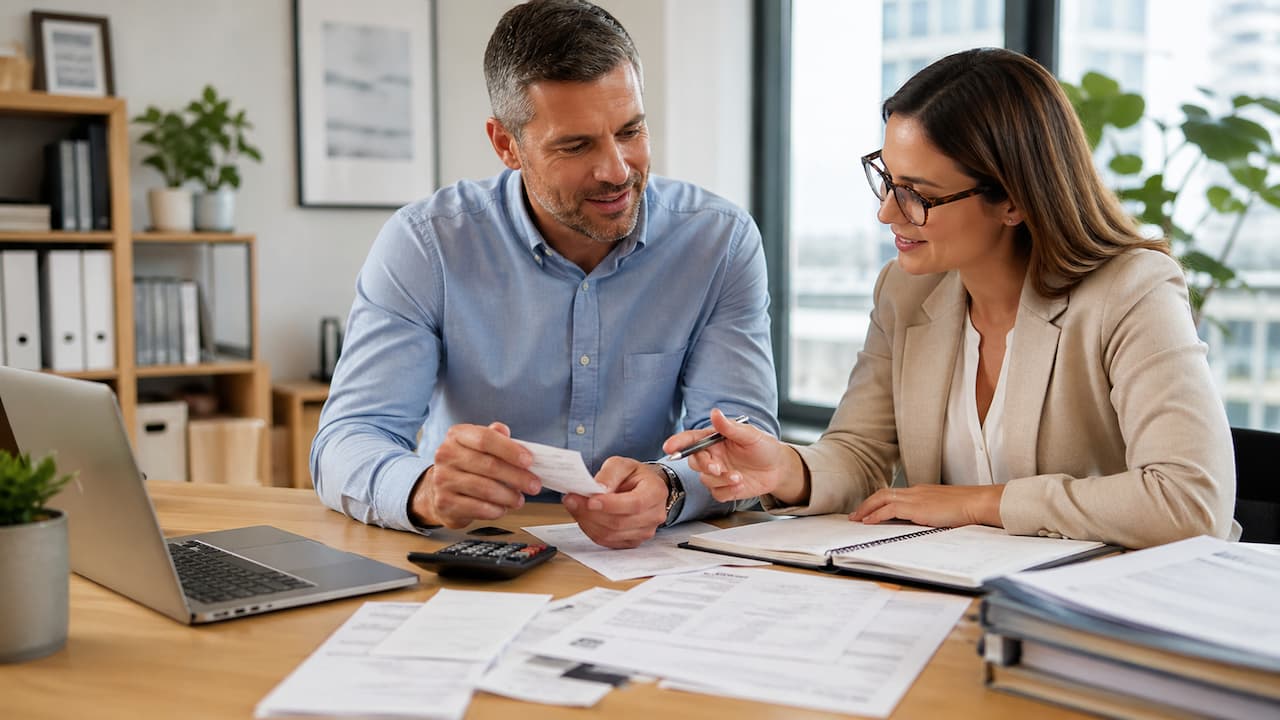 Business owner reviewing tax deduction records with an accountant at a modern office desk to go over what a business can claim on tax.