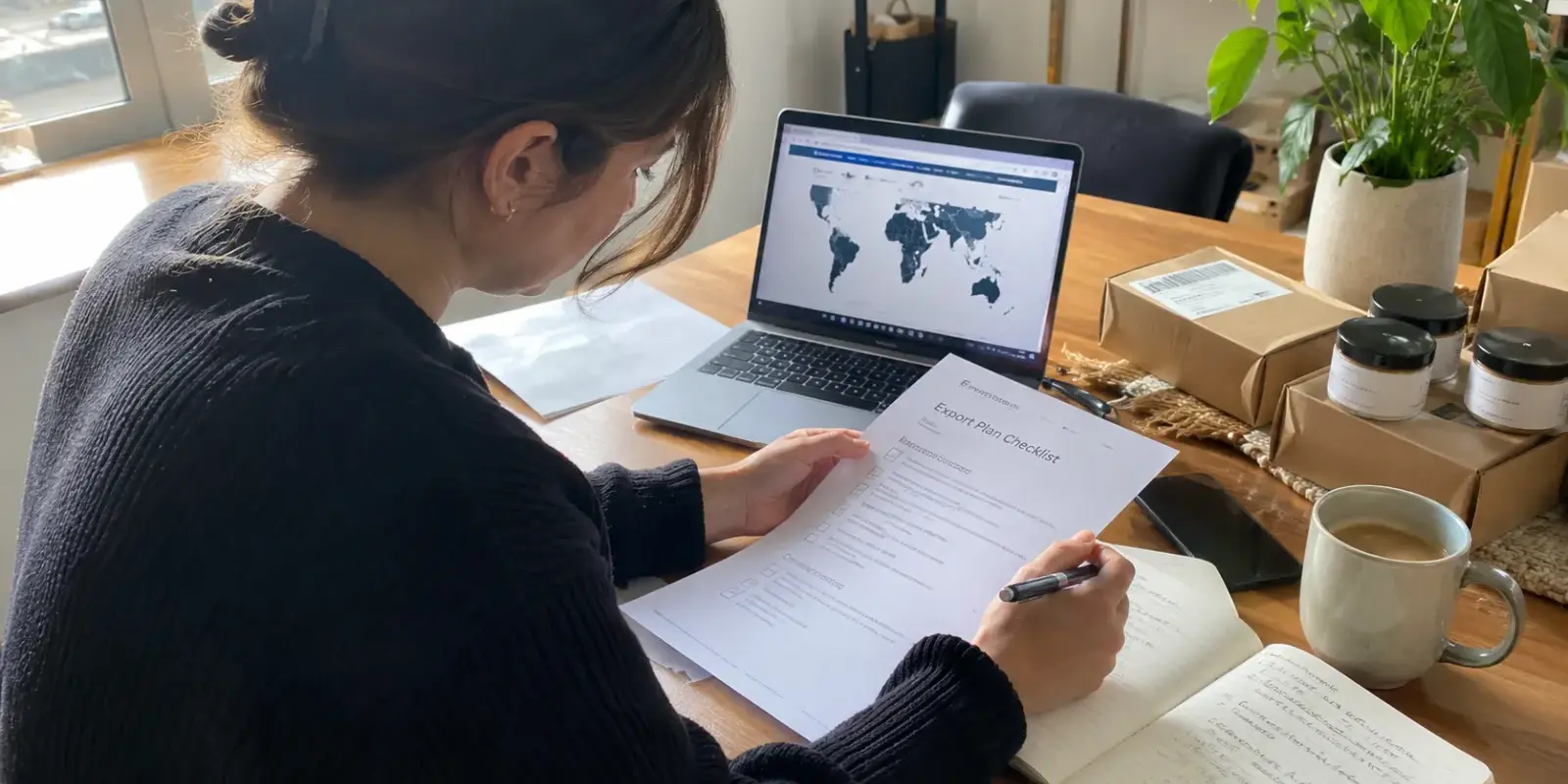 Person reviewing an "Export Plan Checklist" at a desk with a laptop showing a world map and packaged products.