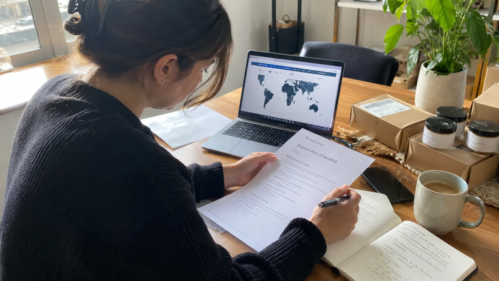 Person reviewing an "Export Plan Checklist" at a desk with a laptop showing a world map and packaged products.