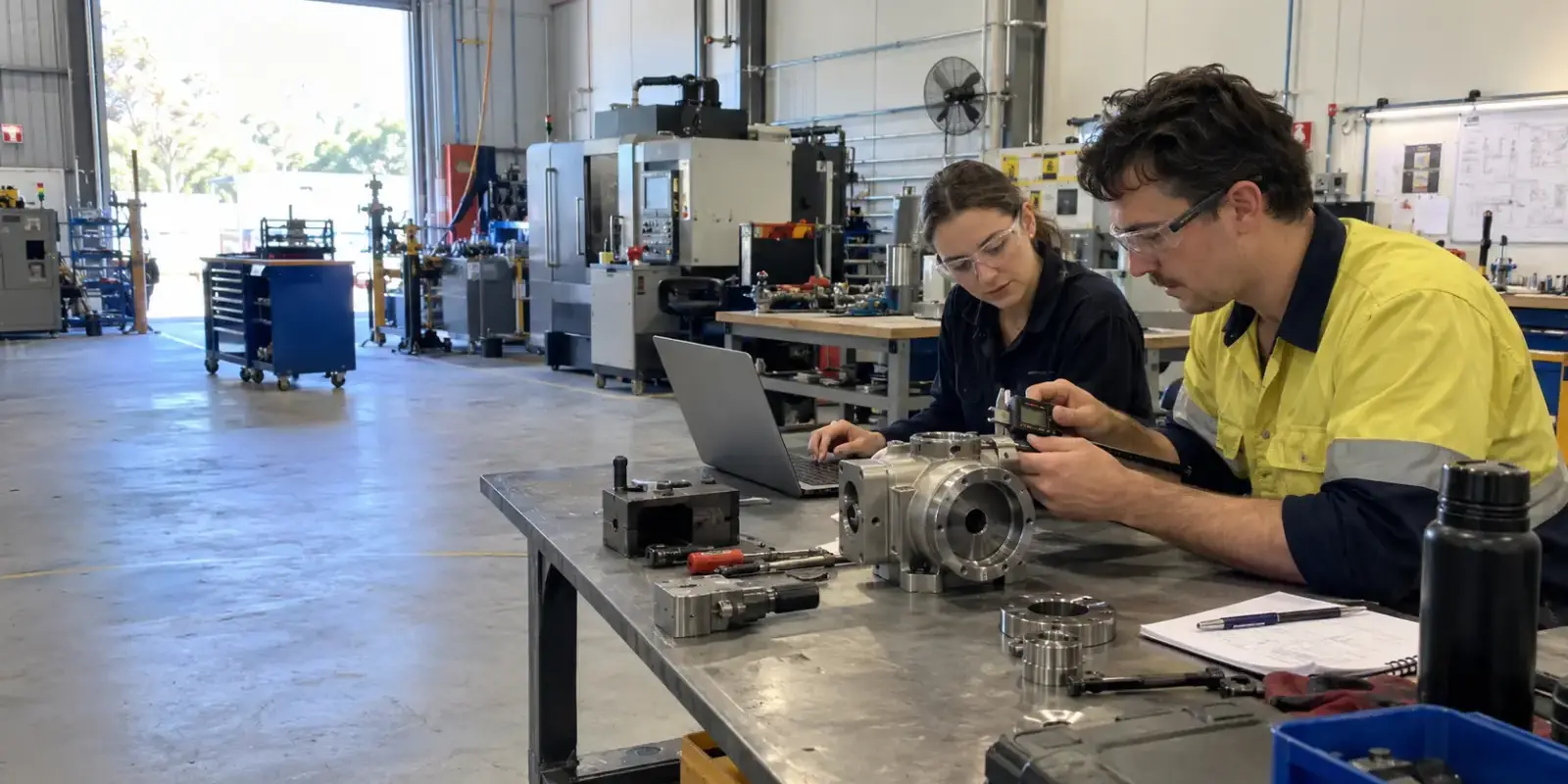 A man and woman in safety glasses collaborating on a metal component at a workbench in a machine shop.